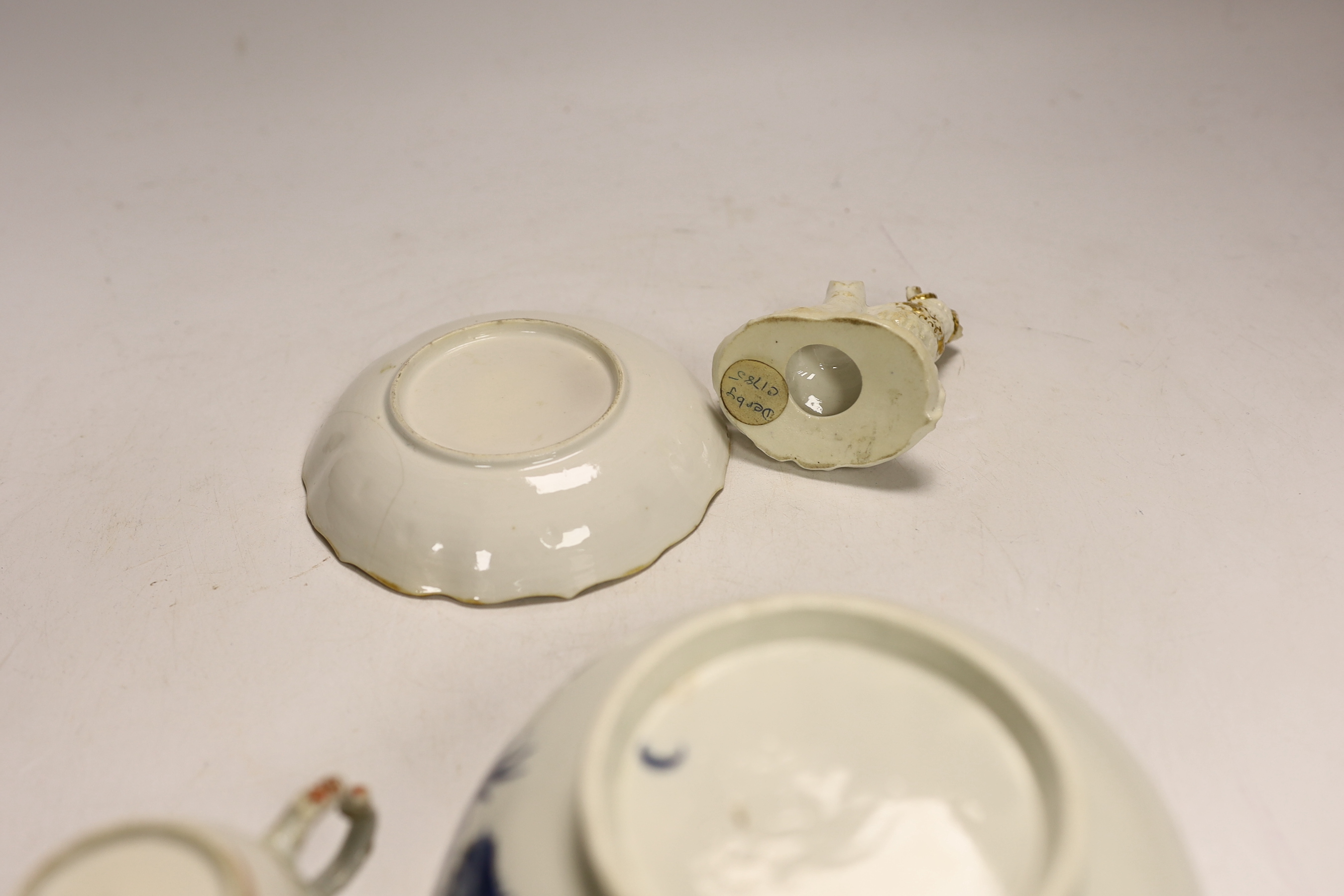 An 18th century Worcester bowl, Chinese cup and saucer and a Derby sheep, bowl 7.5cm